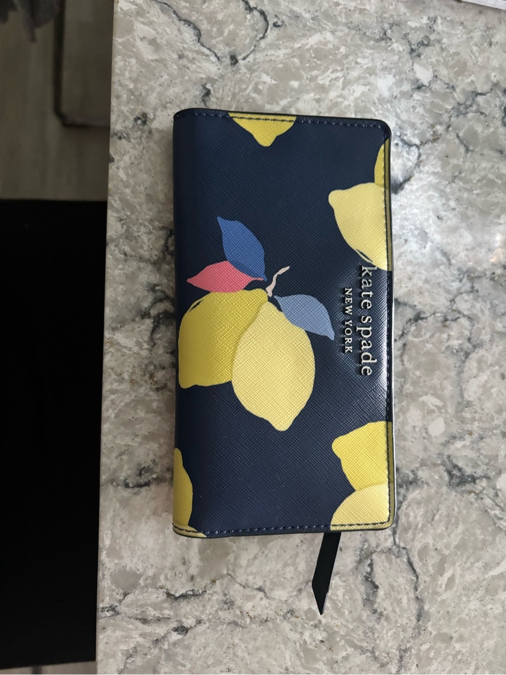 kate spade navy wallet with yellow lemon print